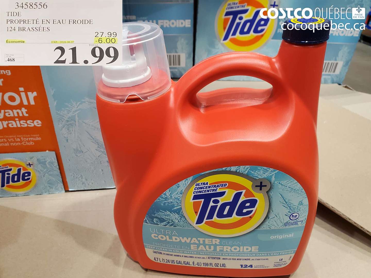 3458556 TIDE PROPRETÉ EN EAU FROIDE 124 BRASSÉES ($6.00 INSTANT SAVINGS EXPIRES ON 2026-06-07) $21.99