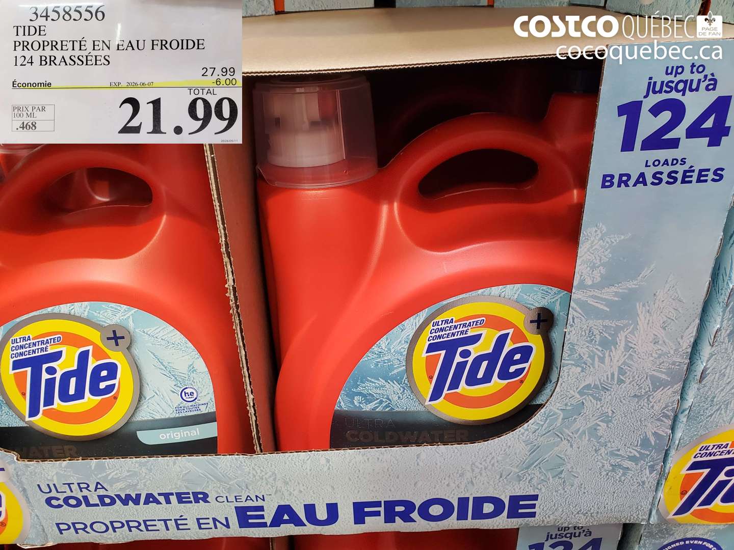 3458556 TIDE PROPRETÉ EN EAU FROIDE 124 BRASSÉES ($6.00 INSTANT SAVINGS EXPIRES ON 2026-06-07) $21.99