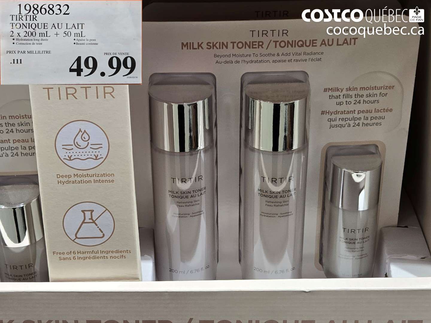 1986832 TIRTIR TONIQUE AU LAIT 2 X 200 ML + 50 ML $49.99