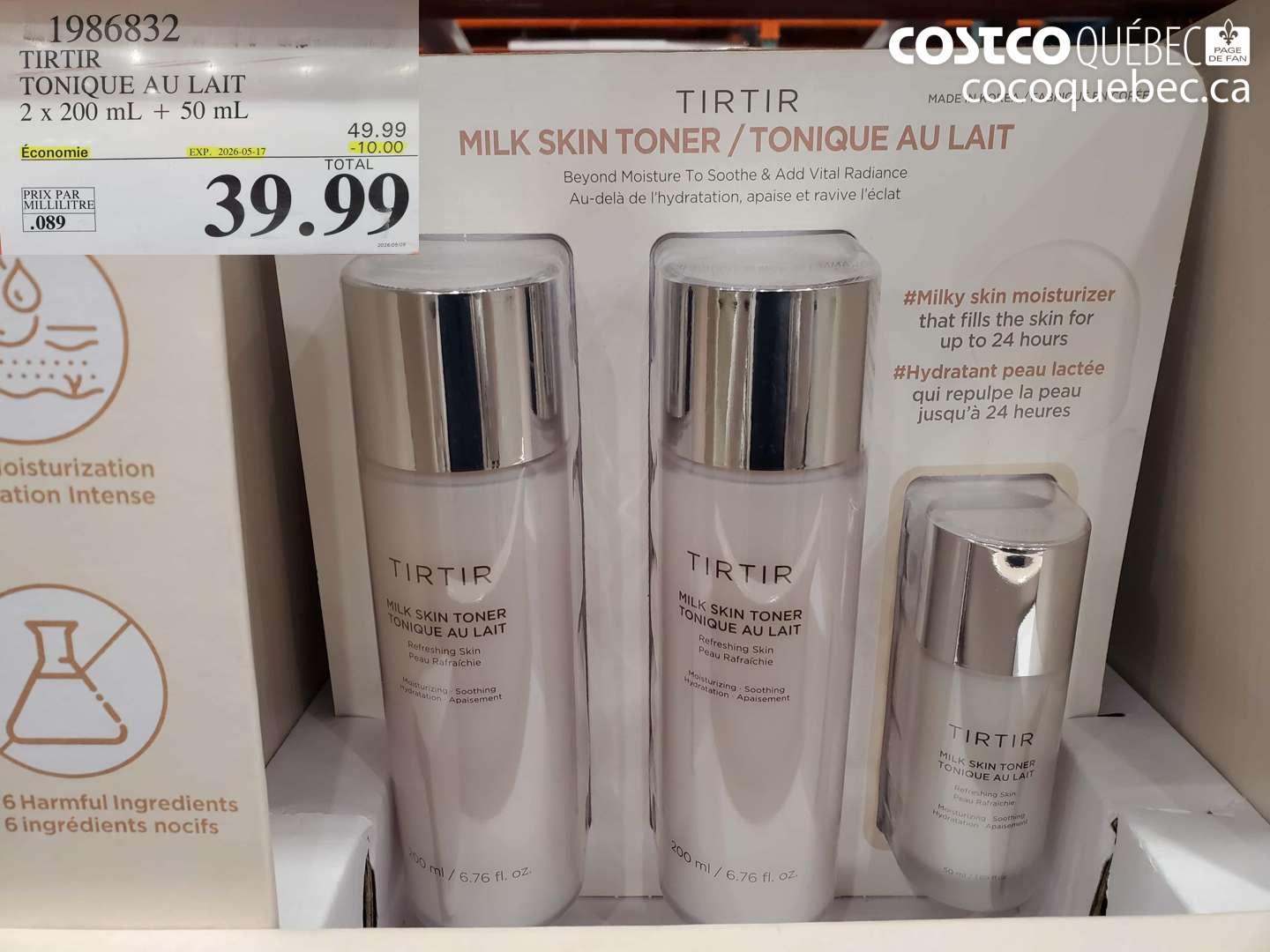 1986832 TIRTIR TONIQUE AU LAIT 2 X 200 ML + 50 ML ($10.00 INSTANT SAVINGS EXPIRES ON 2026-05-17) $39.99