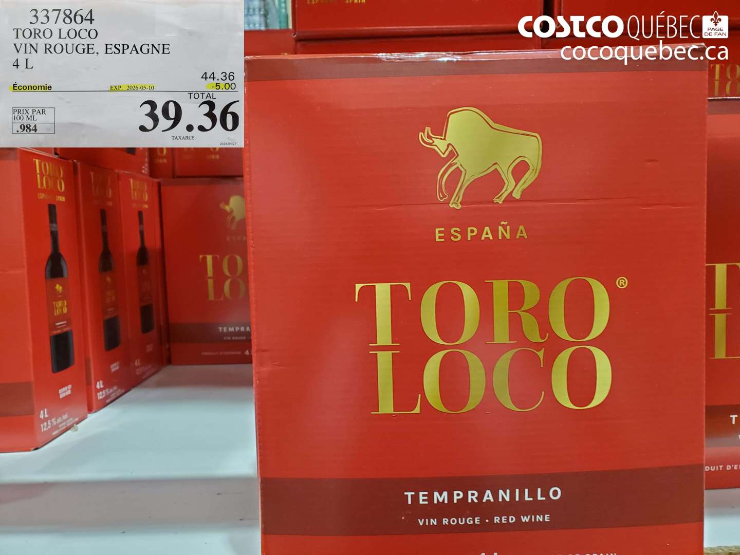 337864 TORO LOCO VIN ROUGE, ESPAGNE 4 L ($5.00 INSTANT SAVINGS EXPIRES ON 2026-05-10) $39.36