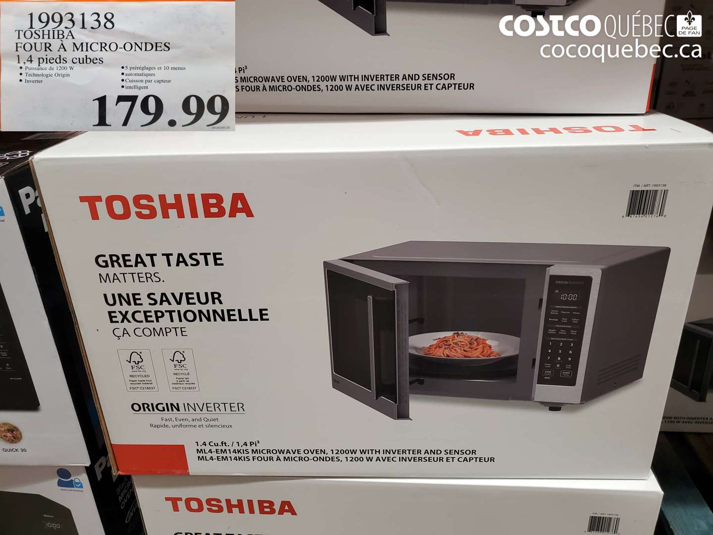 1993138 TOSHIBA FOUR À MICRO-ONDES 1.4 PIEDS CUBES $179.99