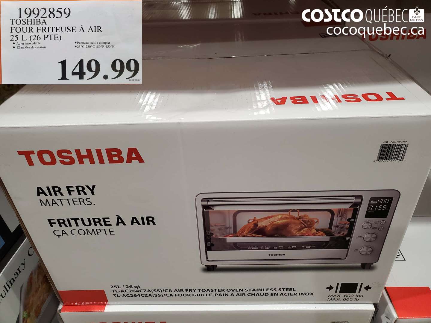 1992859 TOSHIBA FOUR FRITEUSE À AIR 25 L (26 PTE) $149.99