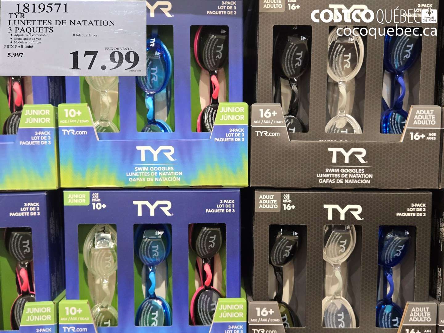 1819571 TYR LUNETTES DE NATATION 3 PAQUETS $17.99