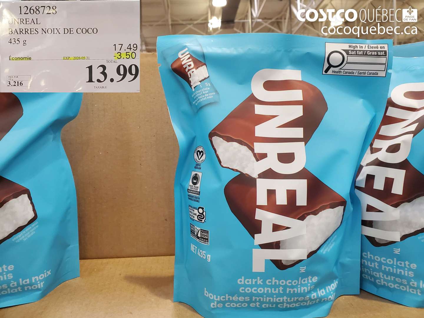 1268728 UNREAL BARRES NOIX DE COCO 435 G ($3.50 INSTANT SAVINGS EXPIRES ON 2026-05-31) $13.99