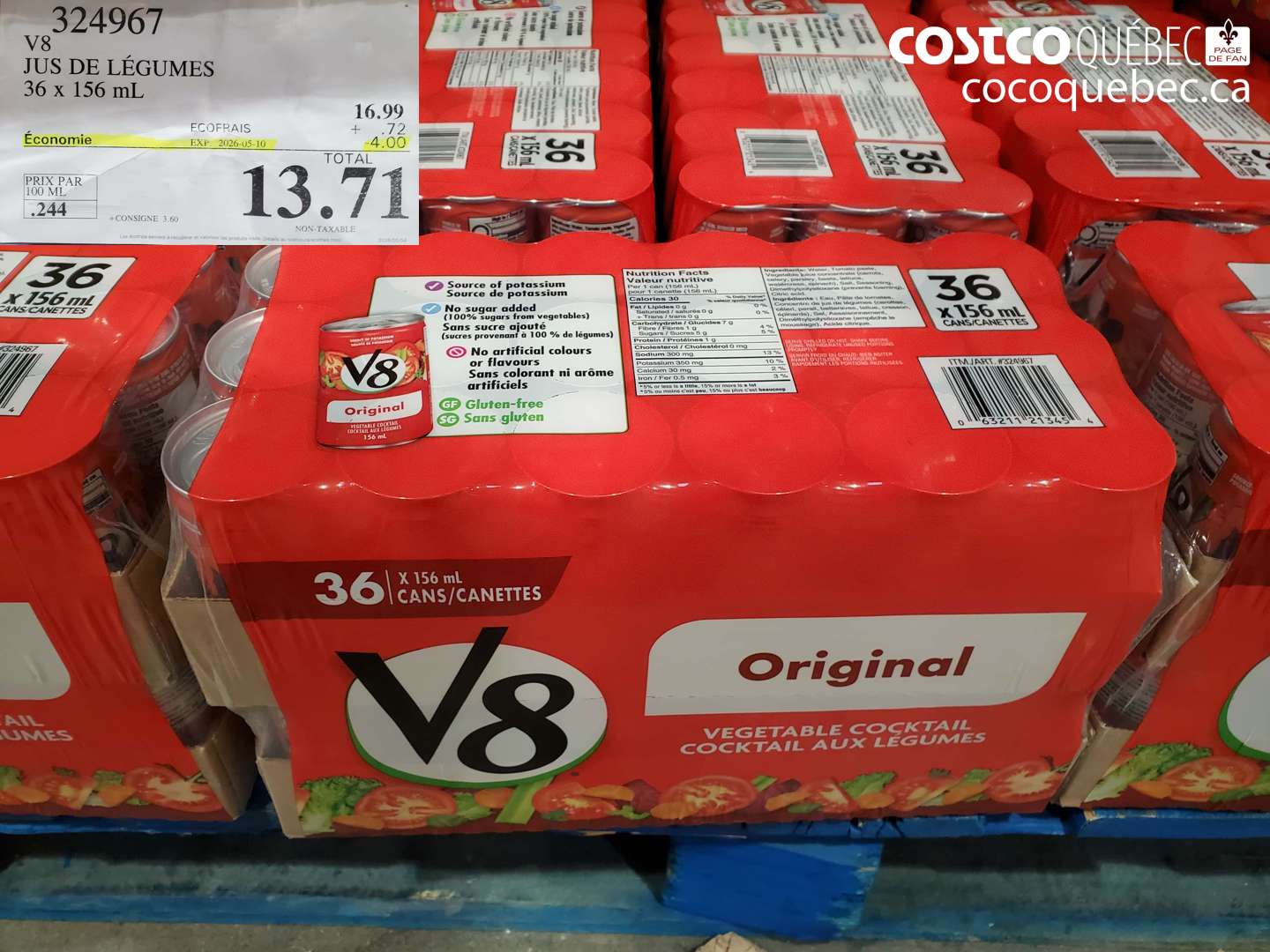 324967 V8 JUS DE LÉGUMES 36 X 156 ML ($4.00 INSTANT SAVINGS EXPIRES ON 2026-05-10) $13.71