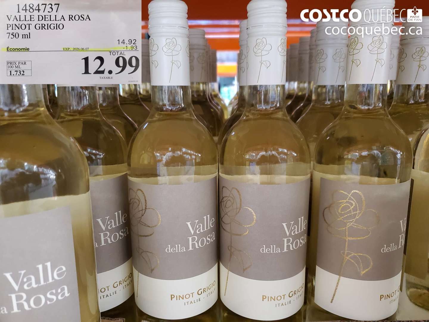 1484737 VALLE DELLA ROSA PINOT GRIGIO 750 ML ($1.93 INSTANT SAVINGS EXPIRES ON 2026-06-07) $12.99