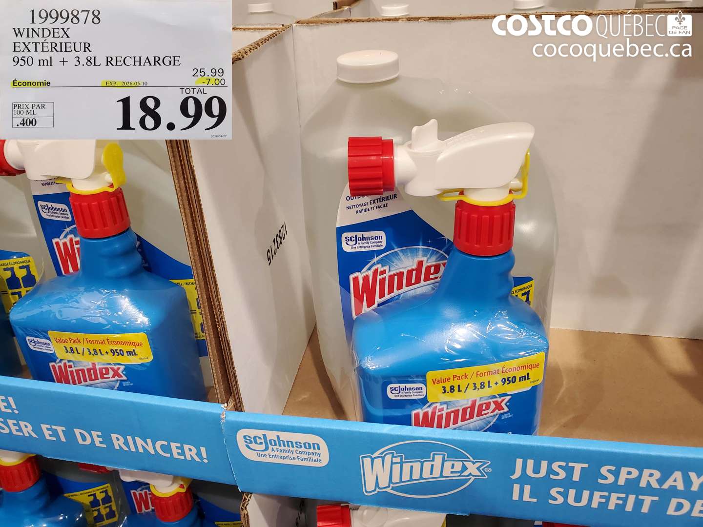 1999878 WINDEX EXTÉRIEUR 950 ML + 3.8L RECHARGE ($7.00 INSTANT SAVINGS EXPIRES ON 2026-05-10) $18.99