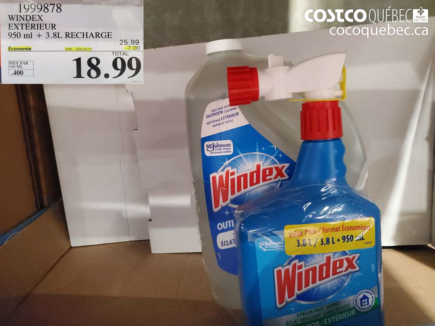 1999878 WINDEX EXTÉRIEUR 950 ML + 3.8L RECHARGE ($7.00 INSTANT SAVINGS EXPIRES ON 2026-05-17) $18.99