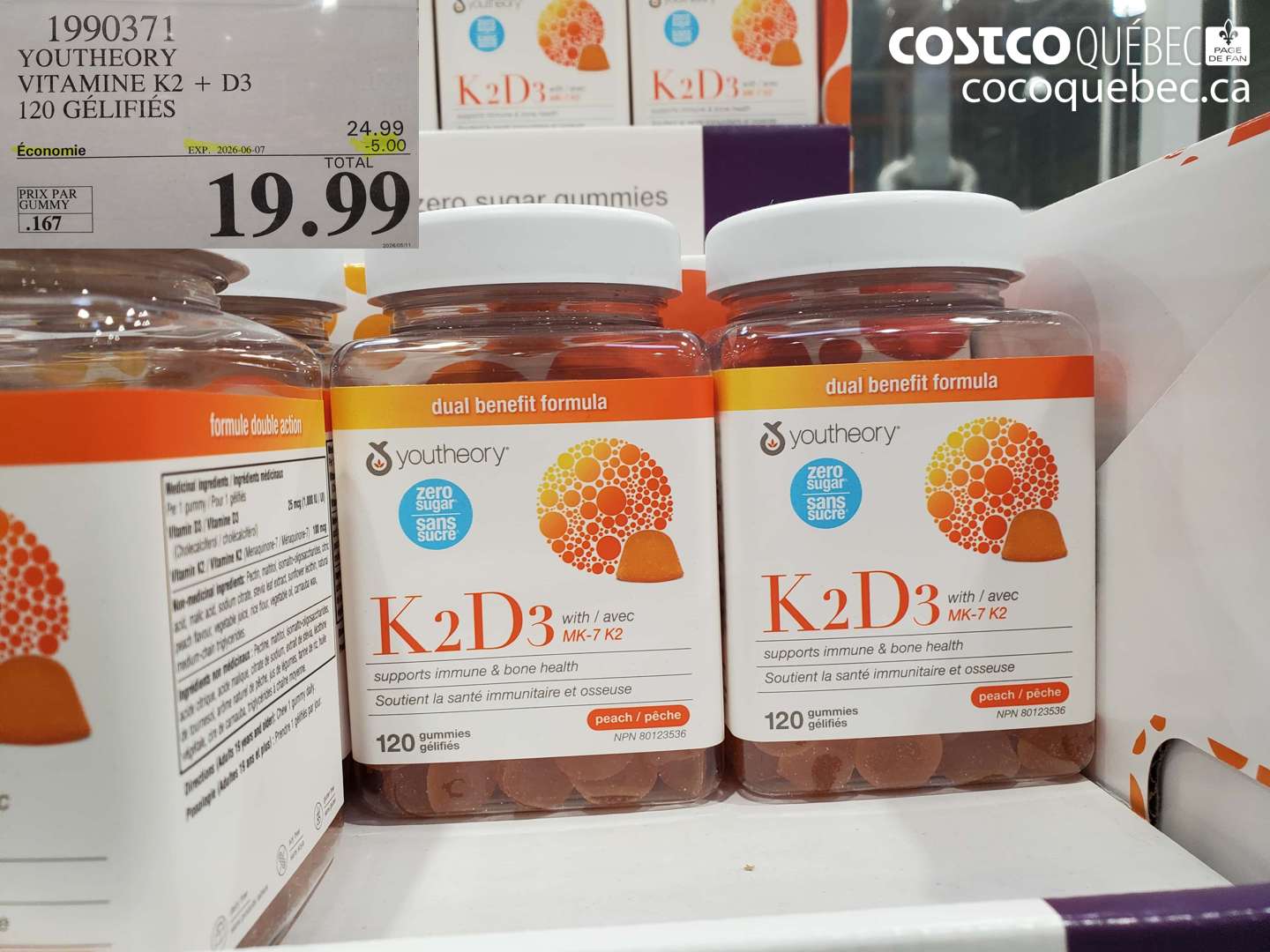 1990371 YOUTHEORY VITAMINE K2 + D3 120 GÉLIFIÉS ($5.00 INSTANT SAVINGS EXPIRES ON 2026-06-07) $19.99
