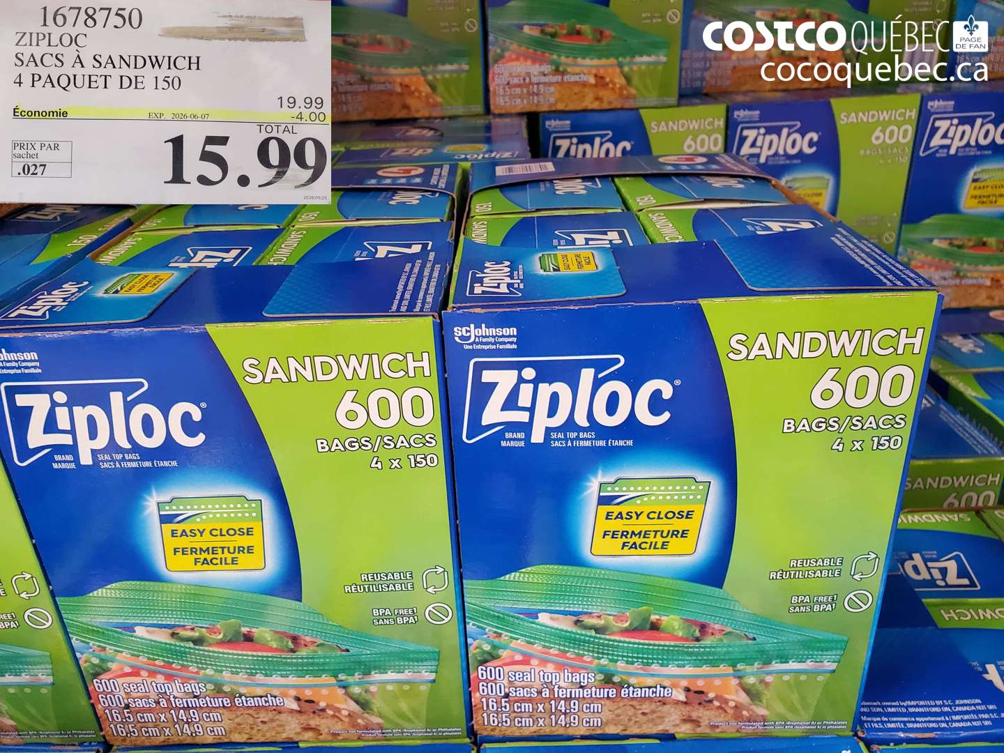1678750 ZIPLOC SACS À SANDWICH 4 PAQUET DE 150 ($4.00 INSTANT SAVINGS EXPIRES ON 2026-06-07) $15.99