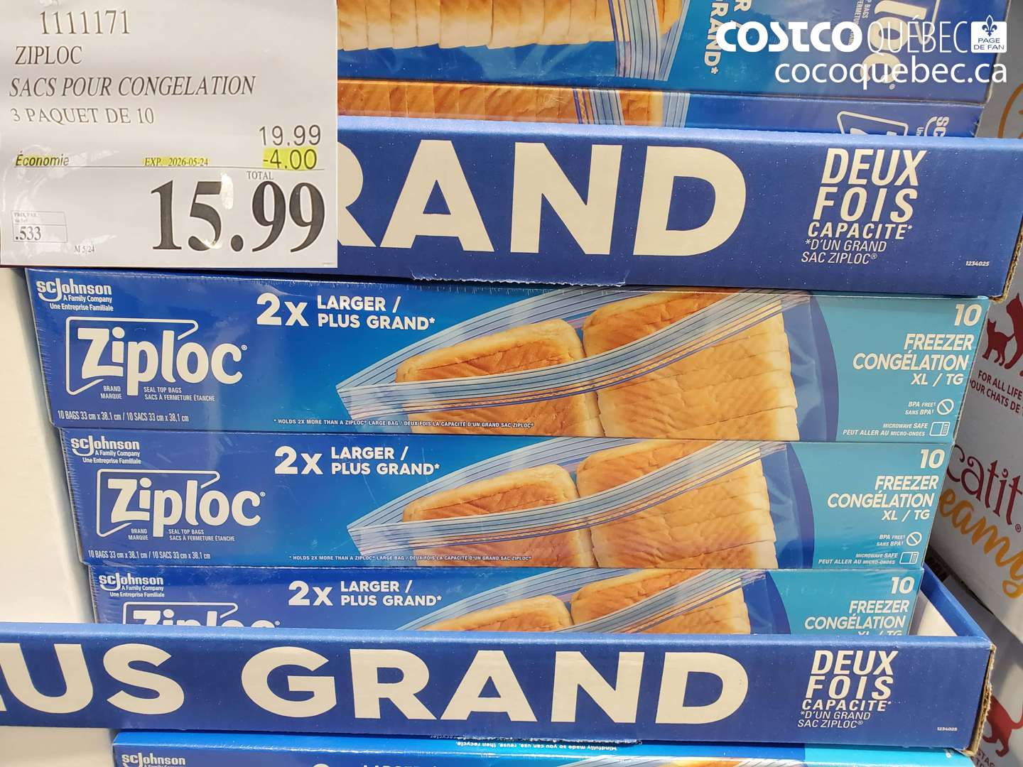 1111171 ZIPLOC SACS POUR CONGELATION 3 PAQUET DE 10 ($4.00 INSTANT SAVINGS EXPIRES ON 2026-05-24) $15.99