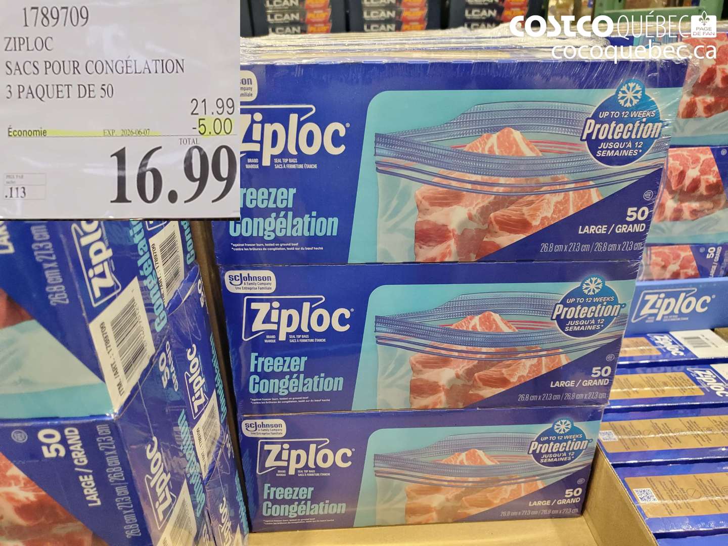 1789709 ZIPLOC SACS POUR CONGÉLATION 3 PAQUET DE 50 ($5.00 INSTANT SAVINGS EXPIRES ON 2026-06-07) $16.99