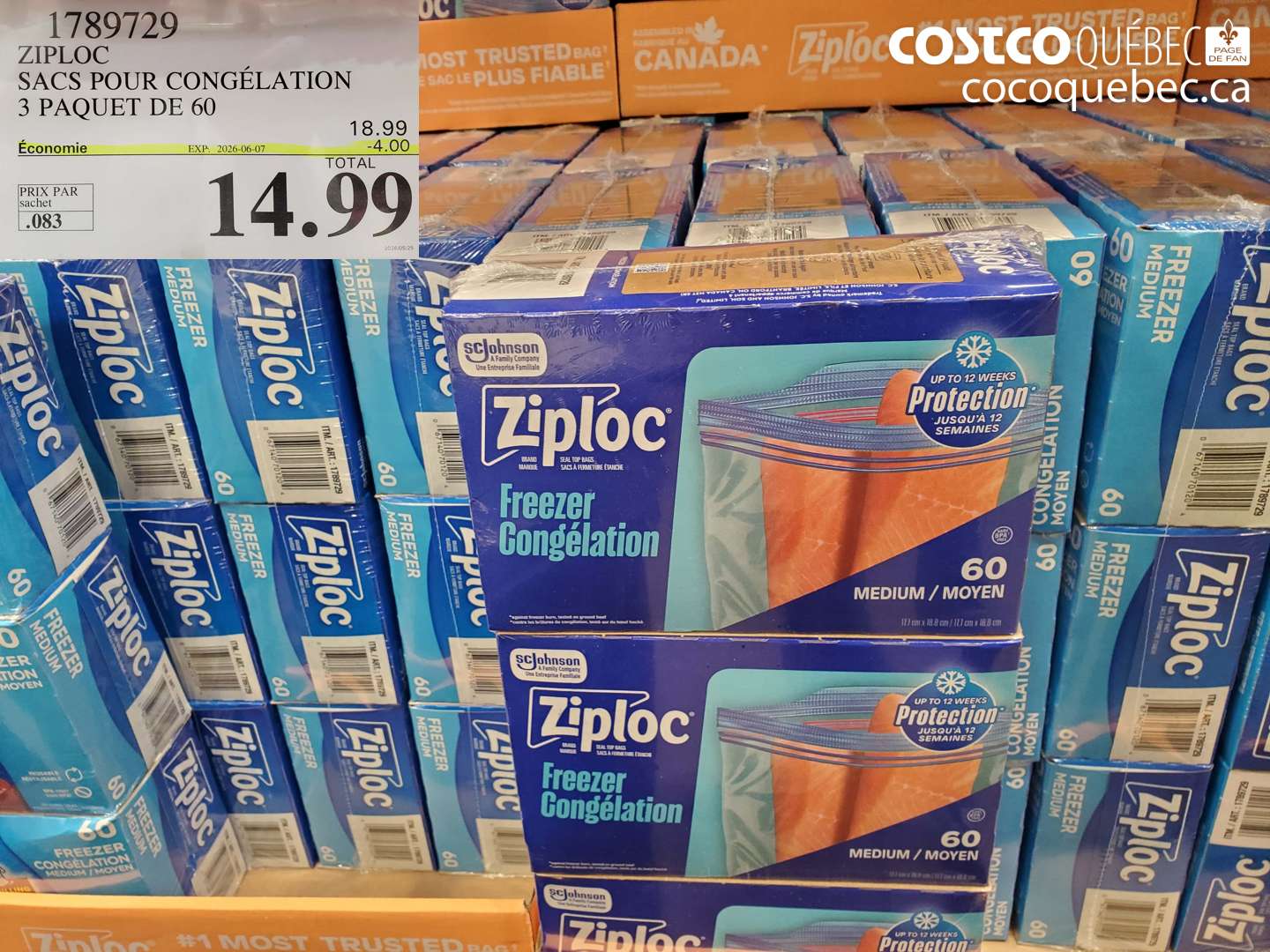 1789729 ZIPLOC SACS POUR CONGÉLATION 3 PAQUET DE 60 ($4.00 INSTANT SAVINGS EXPIRES ON 2026-06-07) $14.99