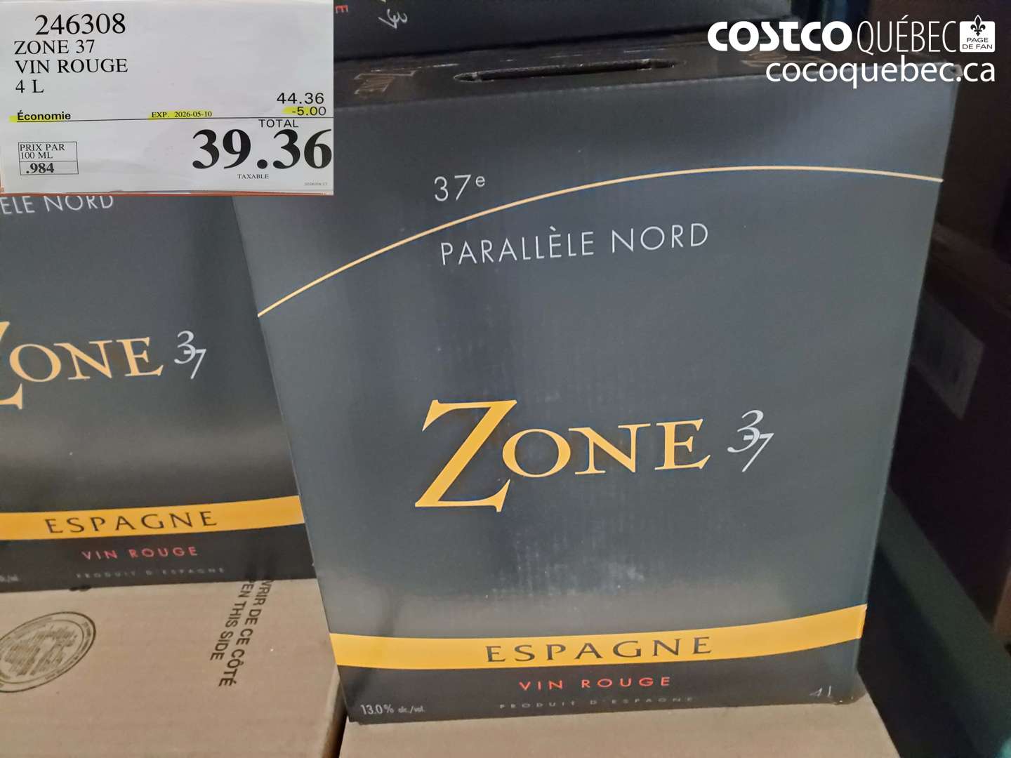 246308 ZONE 37 VIN ROUGE 4 L ($5.00 INSTANT SAVINGS EXPIRES ON 2026-05-10) $39.36