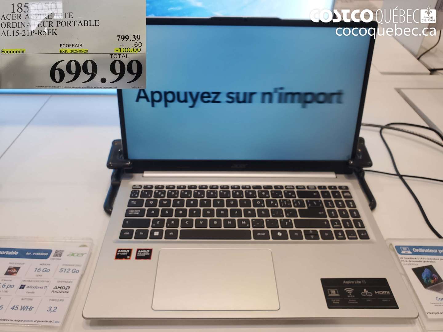 1855050 ACER ASPIRE LITE ORDINATEUR PORTABLE AL15-21P-R5FK ($100.00 INSTANT SAVINGS EXPIRES ON 2026-06-28) $699.99