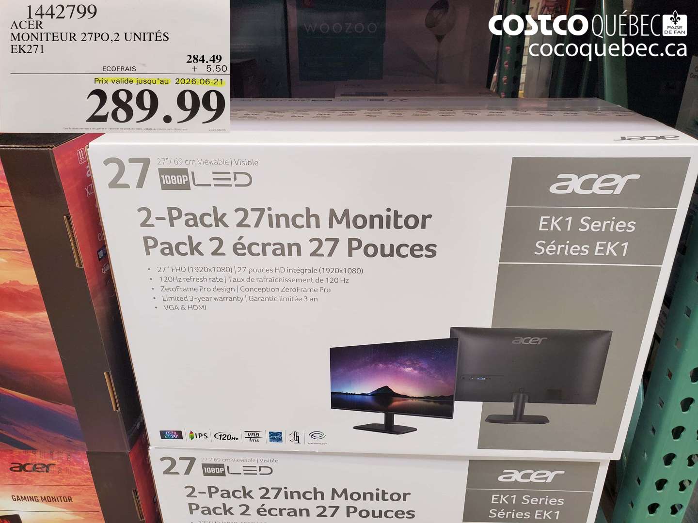 1442799 ACER MONITEUR 27PO,2 UNITÉS EK271 (EXPIRES ON 2026-06-21) $289.99