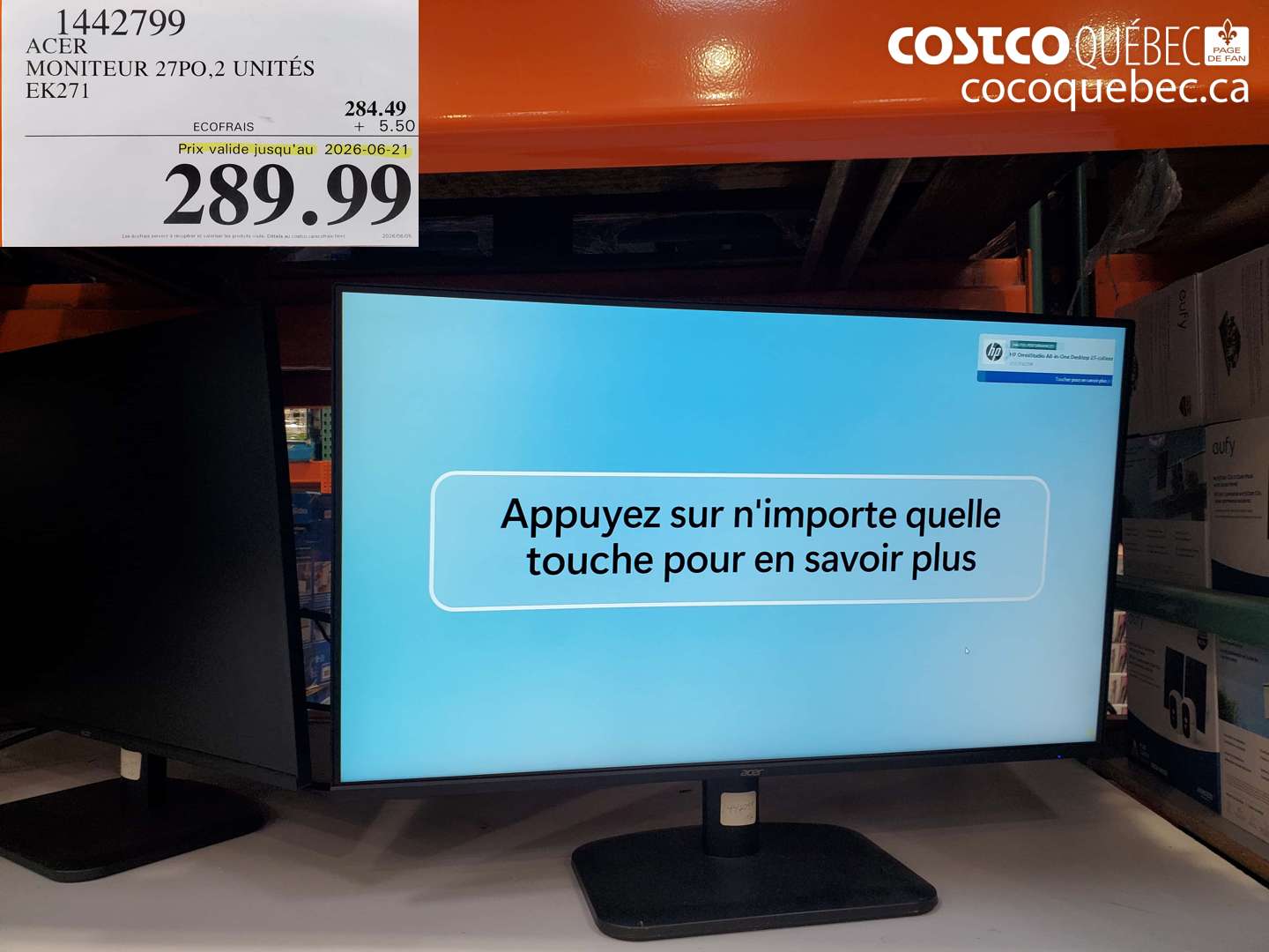 1442799 ACER MONITEUR 27PO.2 UNITÉS EK271 (EXPIRES ON 2026-06-21) $289.99