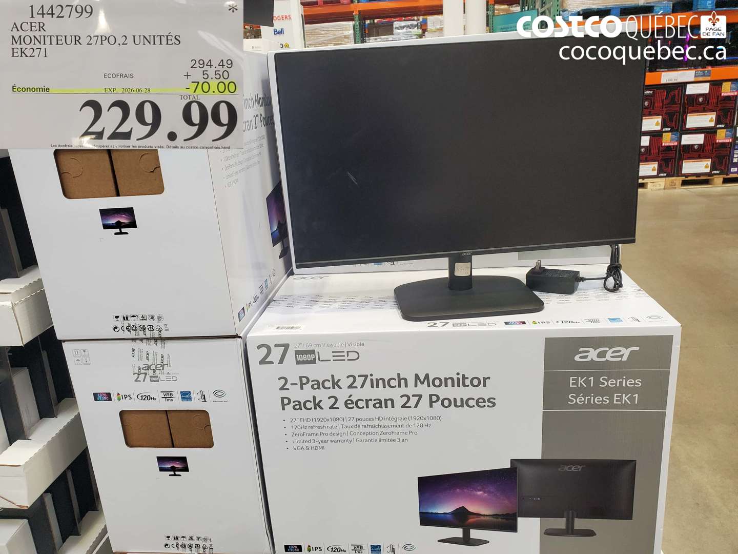 1442799 ACER MONITEUR 27PO,2 UNITÉS EK271 ($70.00 INSTANT SAVINGS EXPIRES ON 2026-06-28) $229.99