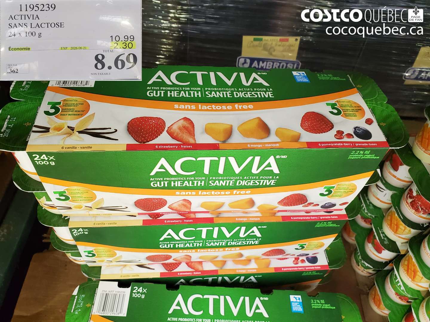 1195239 ACTIVIA SANS LACTOSE 24 X 100 G ($2.30 INSTANT SAVINGS EXPIRES ON 2026-06-21) $8.69