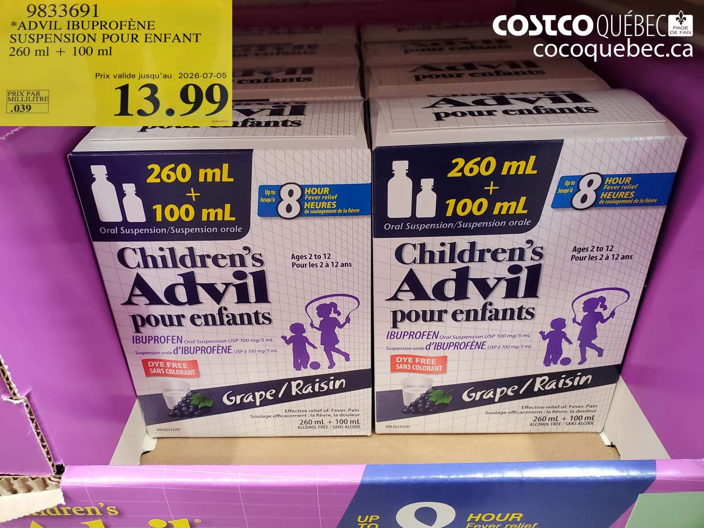 9833691 ADVIL IBUPROFÈNE SUSPENSION POUR ENFANT 260 ML + 100 ML (EXPIRES ON 2026-07-05) $13.99