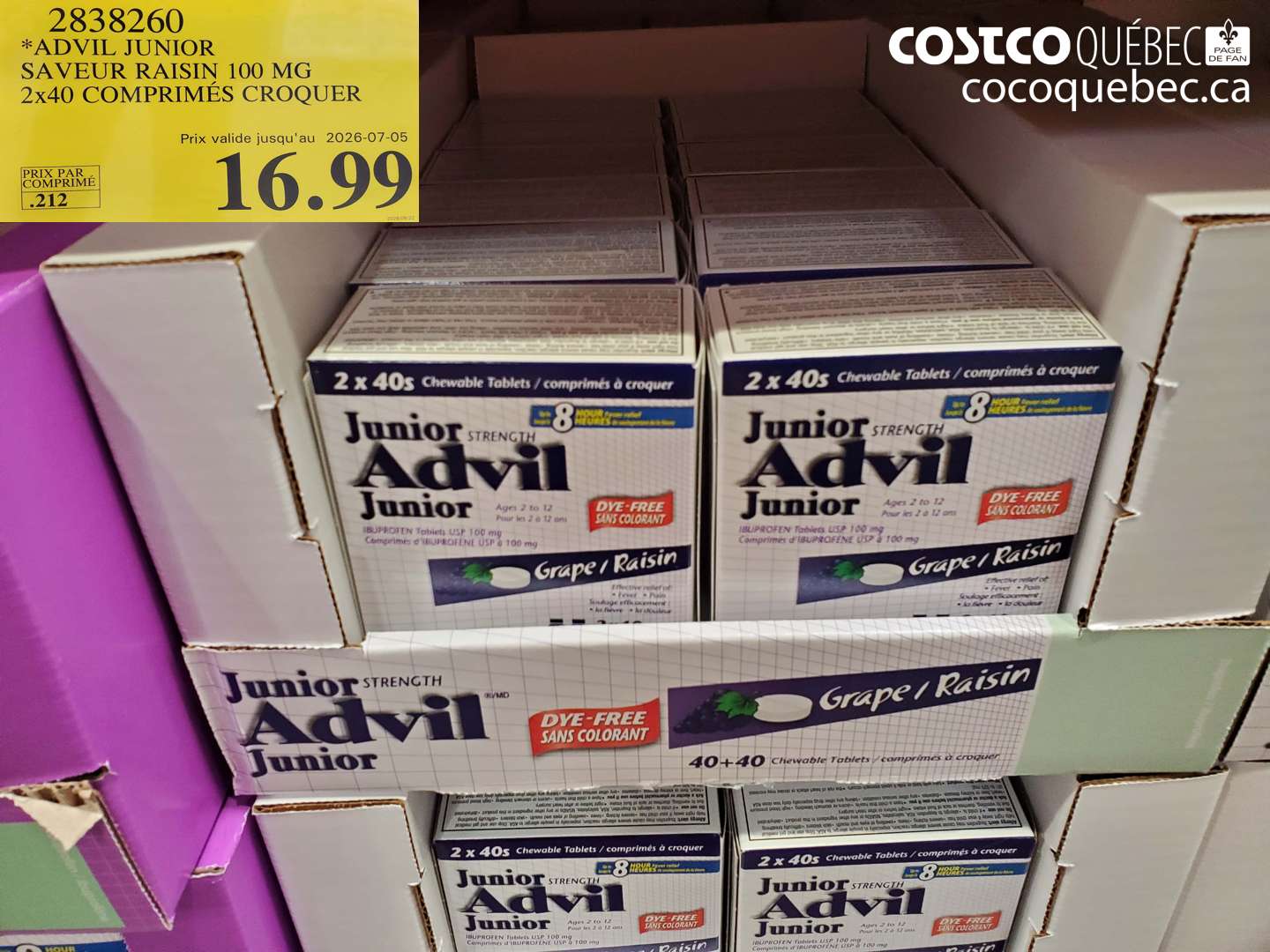 2838260 ADVIL JUNIOR SAVEUR RAISIN 100 MG 2X40 COMPRIMÉS CROQUER (EXPIRES ON 2026-07-05) $16.99