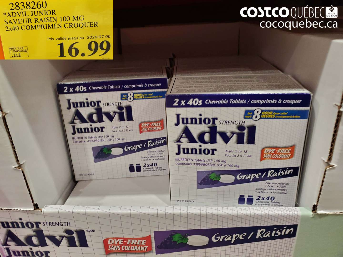 2838260 ADVIL JUNIOR SAVEUR RAISIN 100 MG 2X40 COMPRIMÉS CROQUER (EXPIRES ON 2026-07-05) $16.99