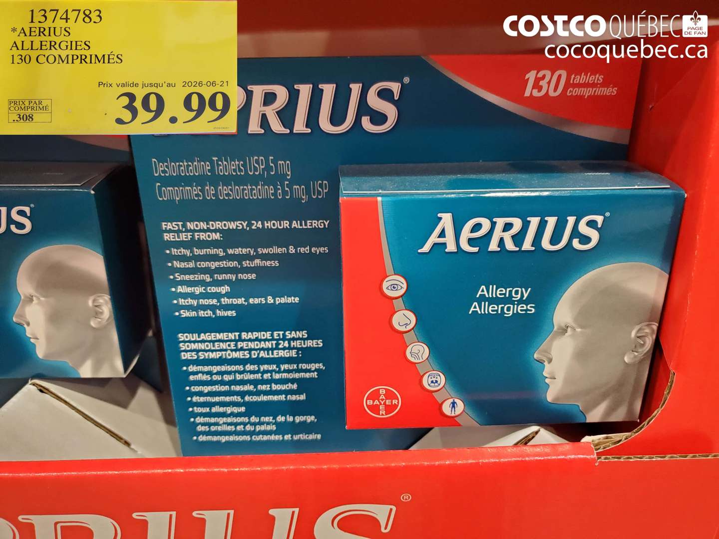 1374783 AERIUS ALLERGIES 130 COMPRIMÉS (EXPIRES ON 2026-06-21) $39.99