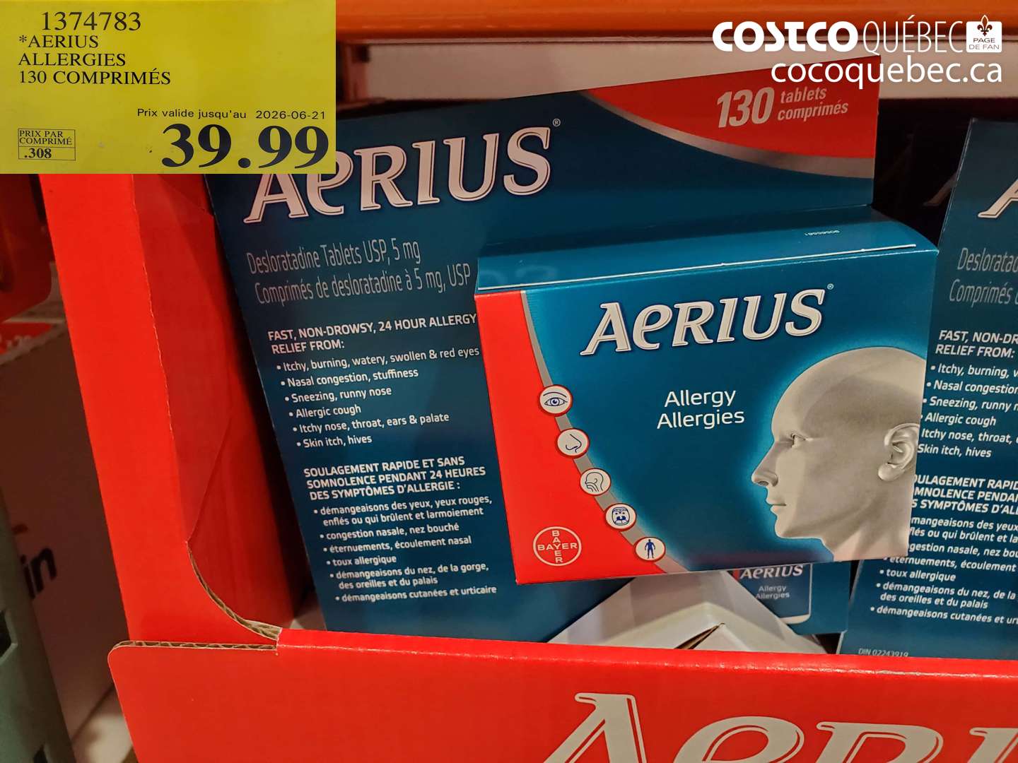 1374783 AERIUS ALLERGIES 130 COMPRIMÉS (EXPIRES ON 2026-06-21) $39.99