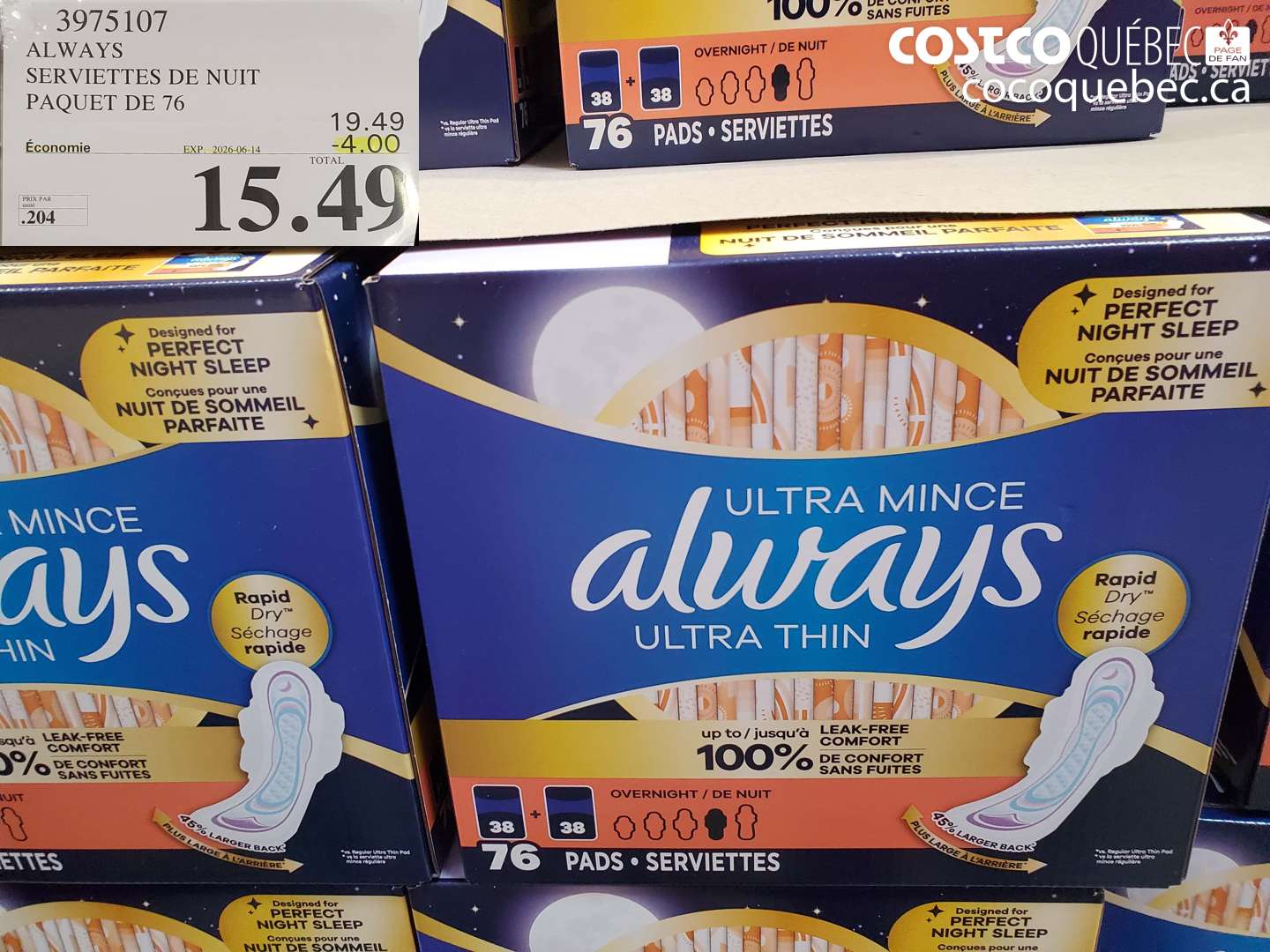 3975107 ALWAYS SERVIETTES DE NUIT PAQUET DE 76 ($4.00 INSTANT SAVINGS EXPIRES ON 2026-06-14) $15.49