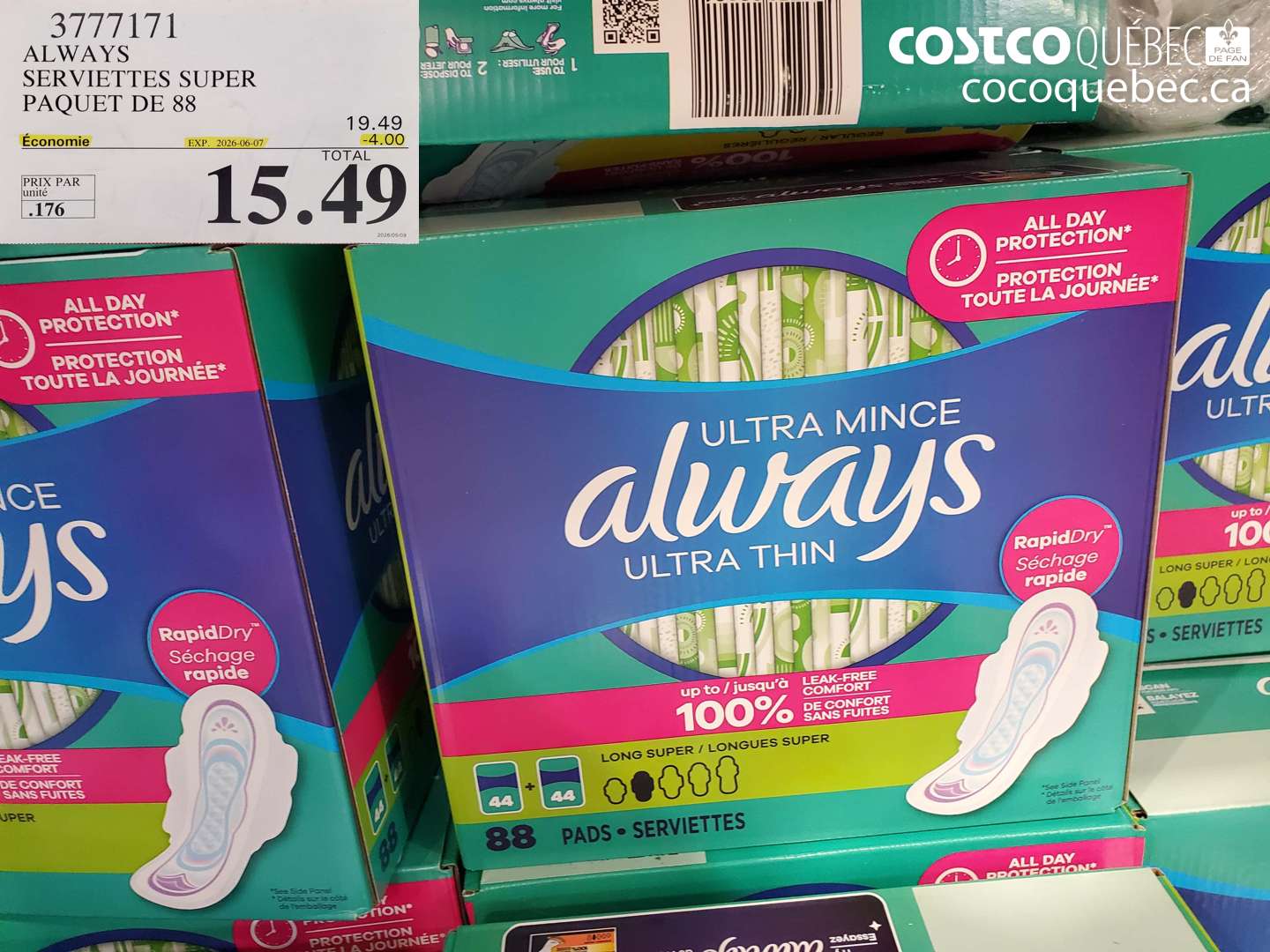 3777171 ALWAYS SERVIETTES SUPER PAQUET DE 88 ($4.00 INSTANT SAVINGS EXPIRES ON 2026-06-07) $15.49
