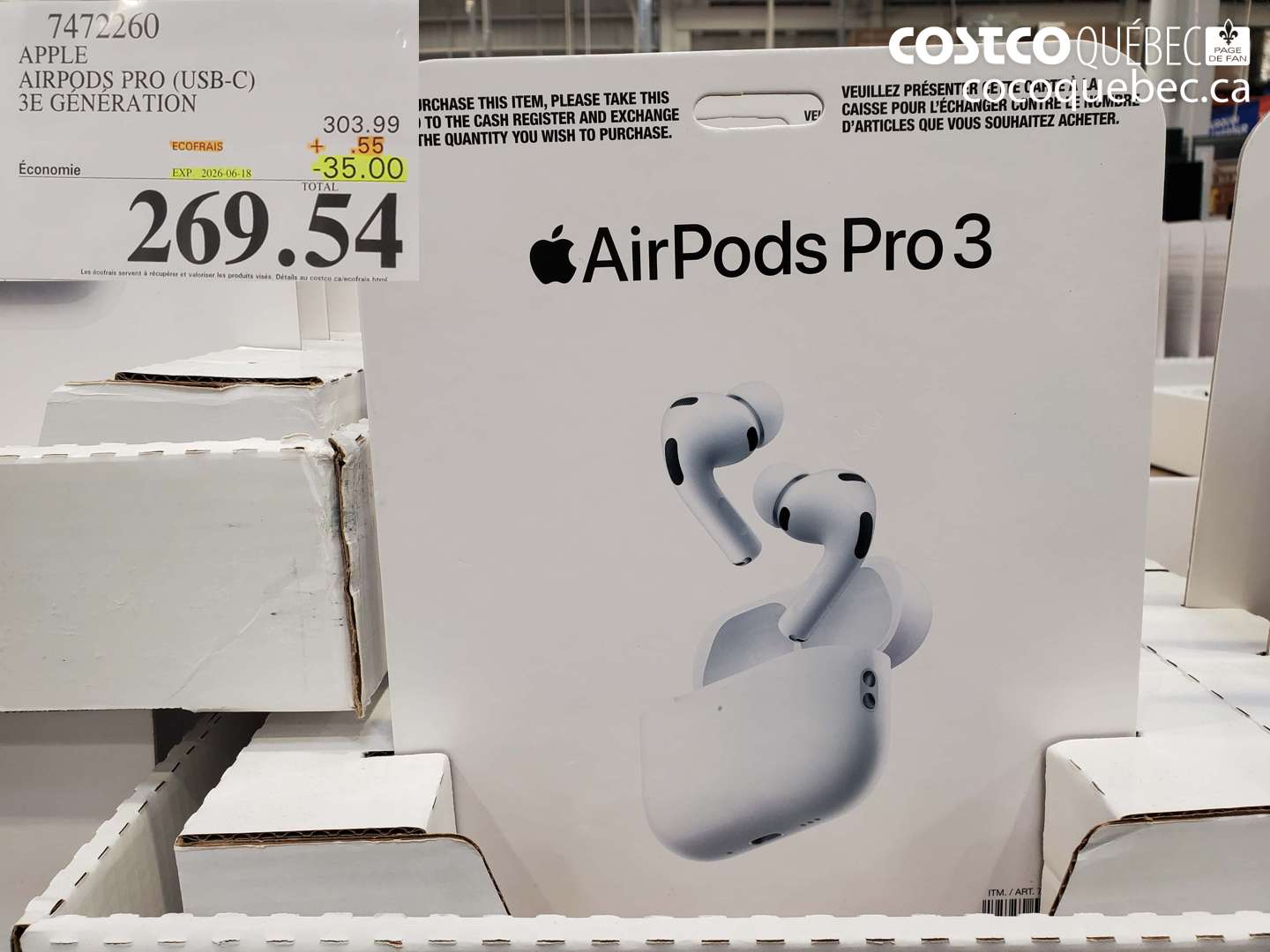 7472260 APPLE AIRPODS PRO (USB-C) 3E GÉNÉRATION ($35.00 INSTANT SAVINGS EXPIRES ON 2026-06-18) $269.54