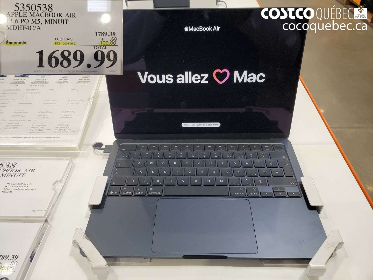 5350538 APPLE MACBOOK AIR 13.6 PO M5, MINUIT MDHF4C/A ($100.00 INSTANT SAVINGS EXPIRES ON 2026-06-21) $1689.99