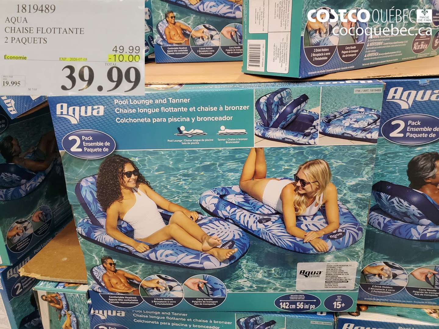 1819489 AQUA CHAISE FLOTTANTE 2 PAQUETS ($10.00 INSTANT SAVINGS EXPIRES ON 2026-07-05) $39.99
