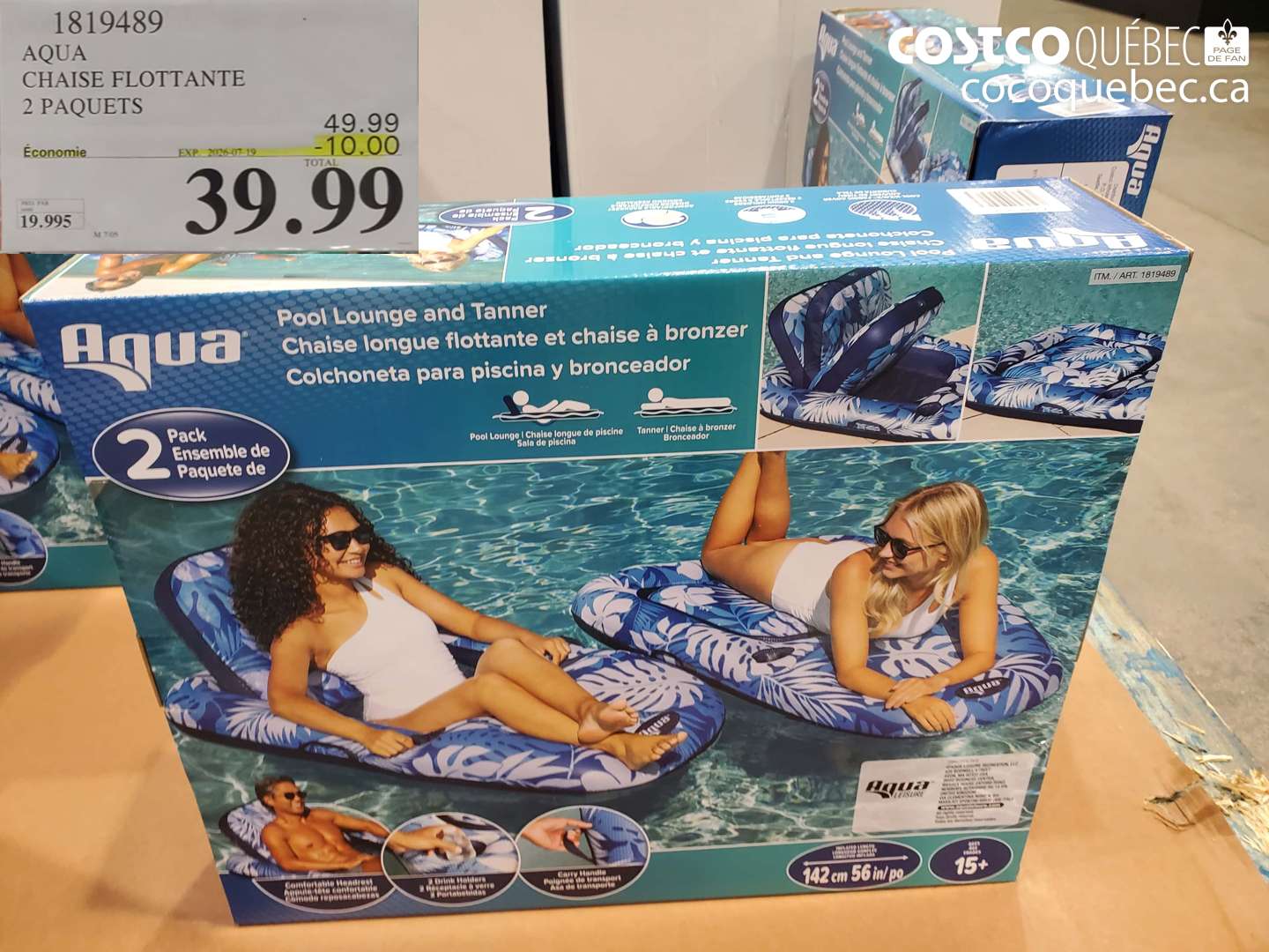 1819489 AQUA CHAISE FLOTTANTE 2 PAQUETS ($10.00 INSTANT SAVINGS EXPIRES ON 2026-07-19) $39.99