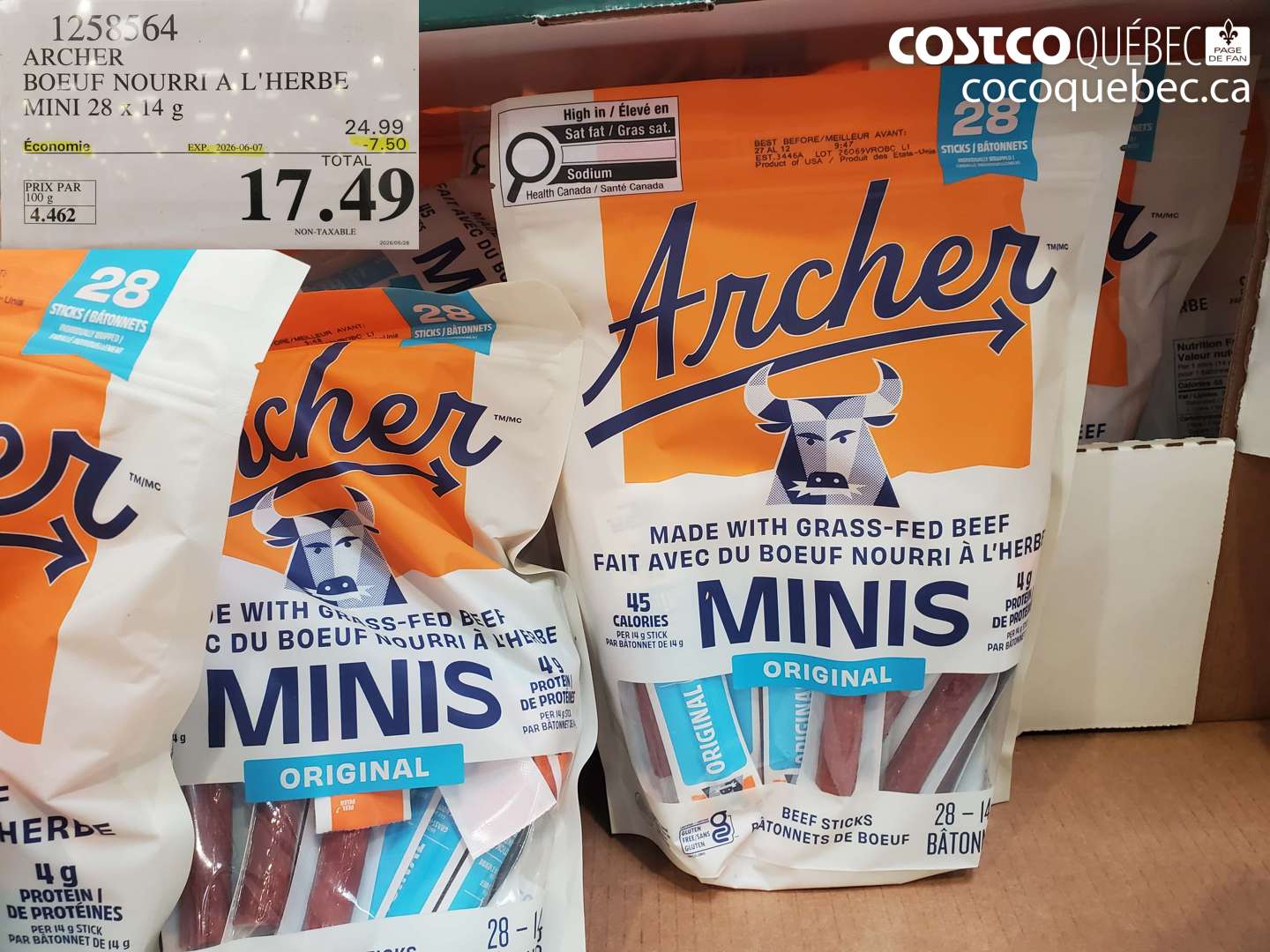 1258564 ARCHER BOEUF NOURRI A L'HERBE MINI 28 X 14 G ($7.50 INSTANT SAVINGS EXPIRES ON 2026-06-07) $17.49