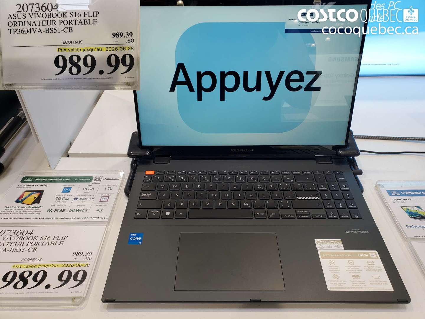 2073604 ASUS VIVOBOOK S16 FLIP ORDINATEUR PORTABLE TP3604VA-BS51-CB (EXPIRES ON 2026-06-28) $989.99