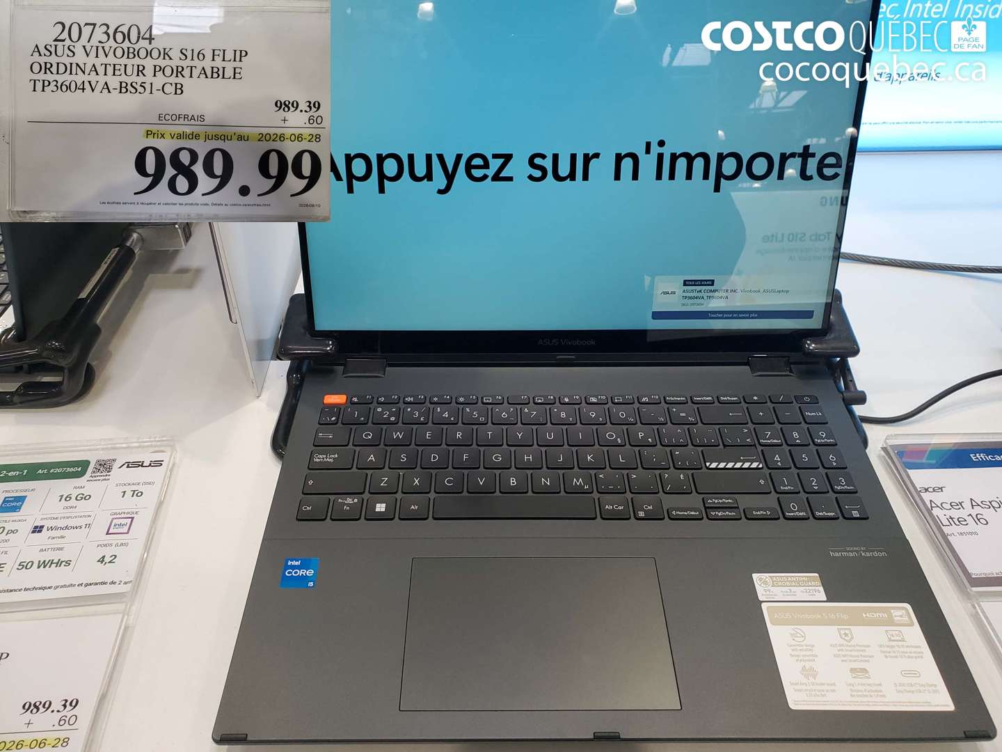 2073604 ASUS VIVOBOOK S16 FLIP ORDINATEUR PORTABLE TP3604VA-BS51-CB (EXPIRES ON 2026-06-28) $989.99