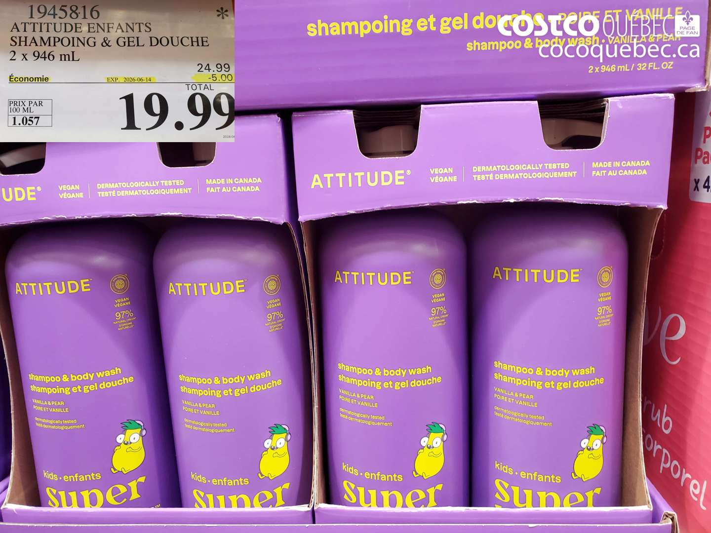 1945816 ATTITUDE ENFANTS SHAMPOING & GEL DOUCHE 2 X 946 ML ($5.00 INSTANT SAVINGS EXPIRES ON 2026-06-14) $19.99
