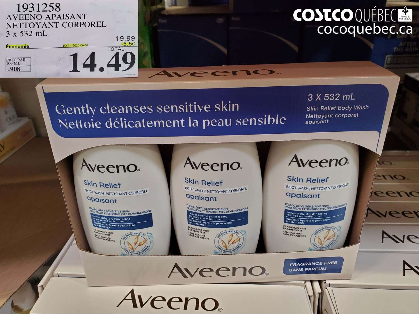 1931258 AVEENO APAISANT NETTOYANT CORPOREL 3 X 532 ML ($5.50 INSTANT SAVINGS EXPIRES ON 2026-06-07) $14.49
