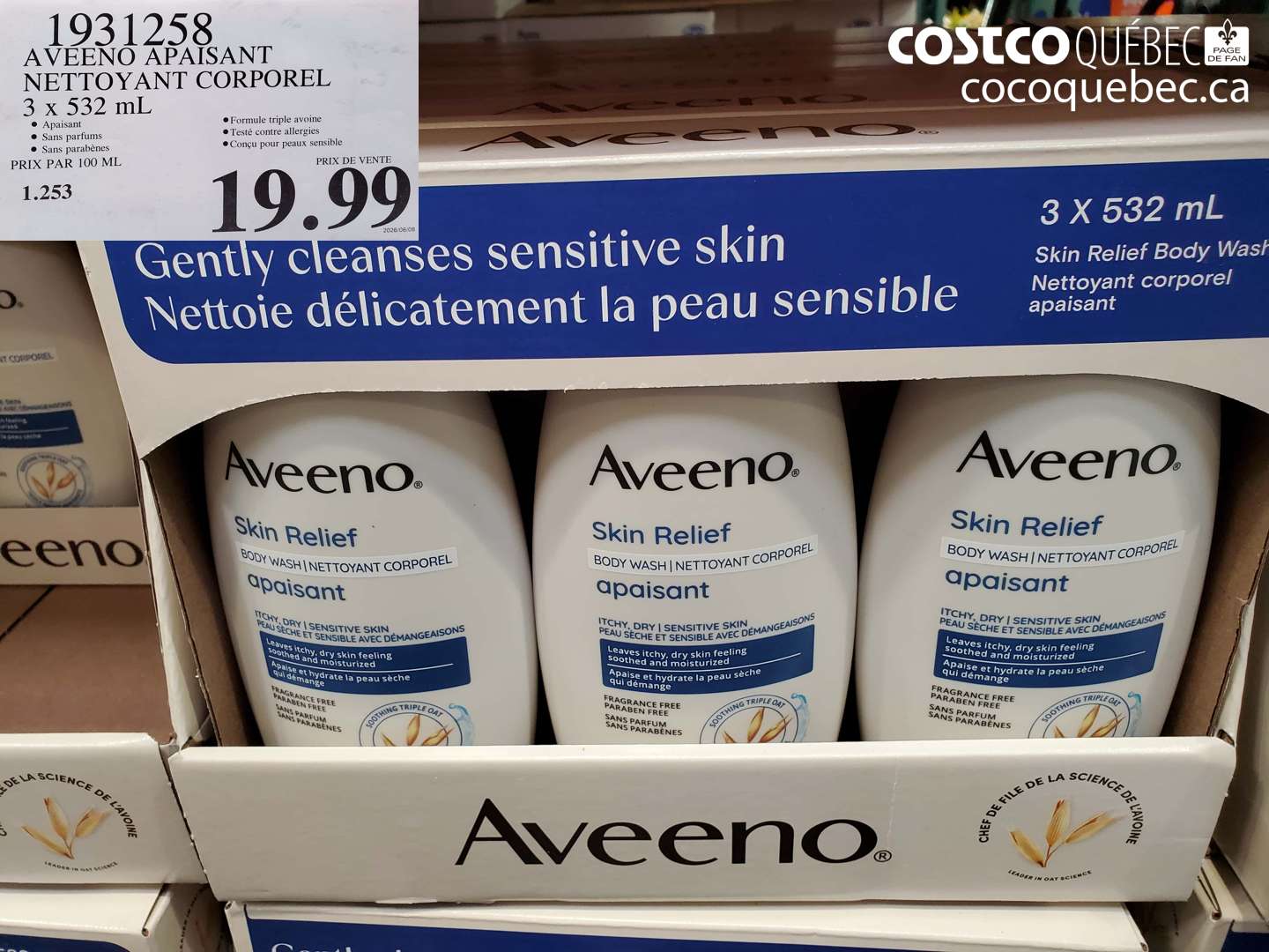 1931258 AVEENO APAISANT NETTOYANT CORPOREL 3 X 532 ML $19.99