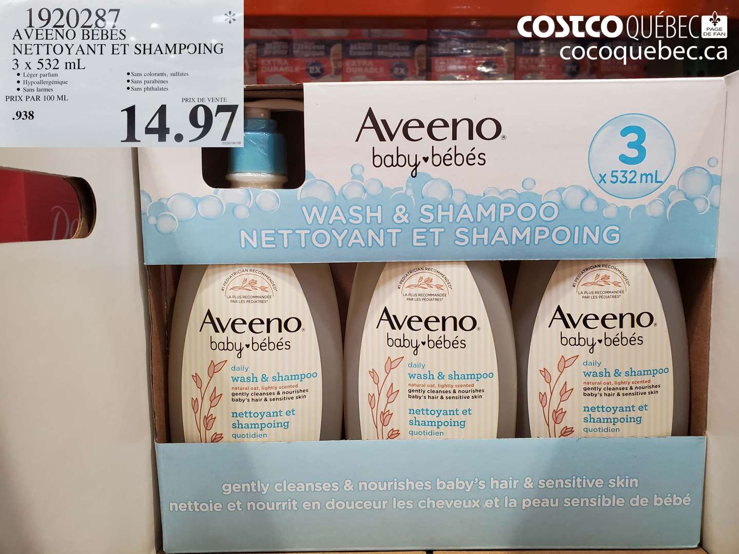 1920287 AVEENO BEBES NETTOYANT ET SHAMPOOING 3 X 532 ML $14.97