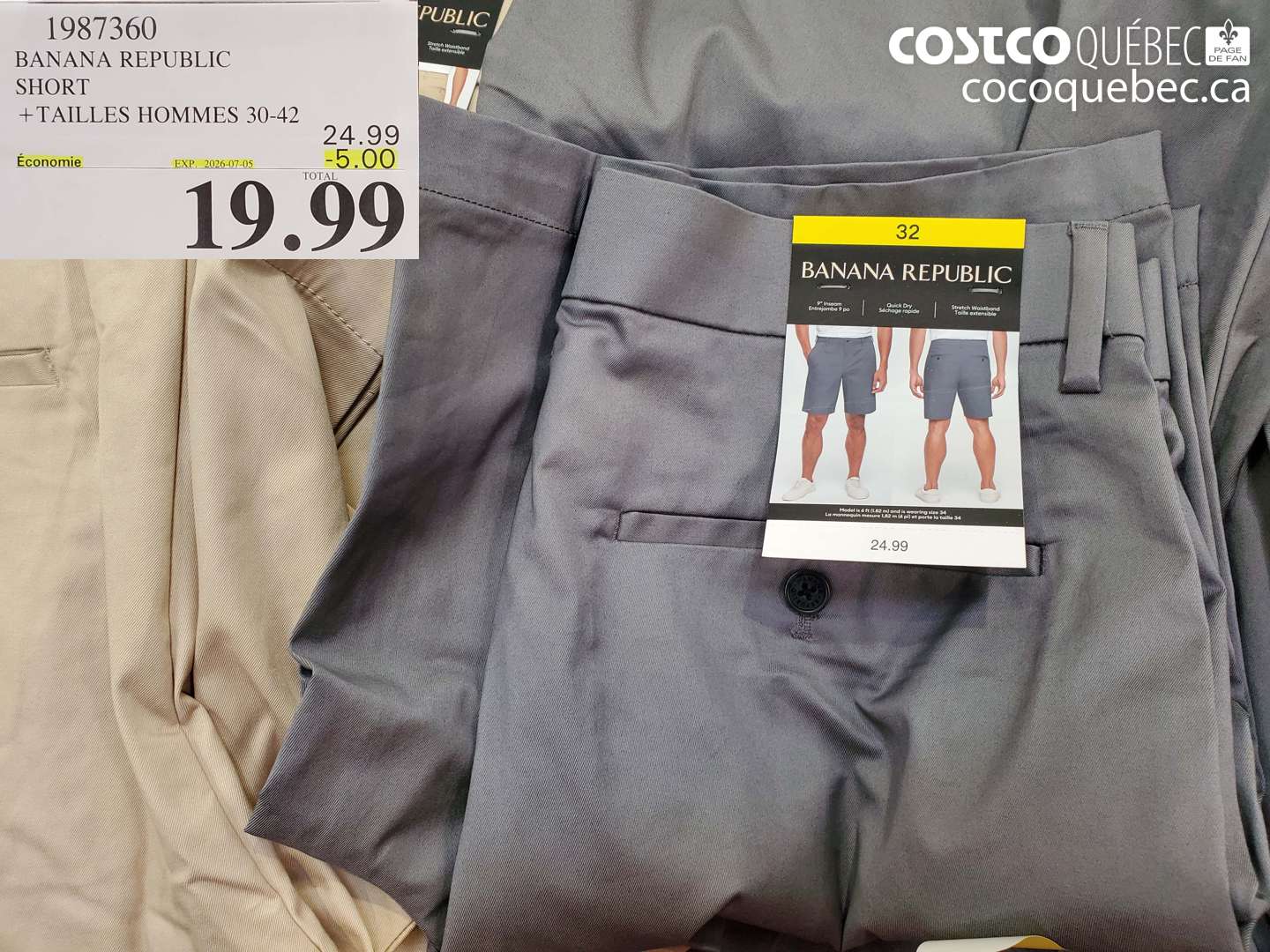 1987360 BANANA REPUBLIC SHORT +TAILLES HOMMES 30-42 ($5.00 INSTANT SAVINGS EXPIRES ON 2026-07-05) $19.99