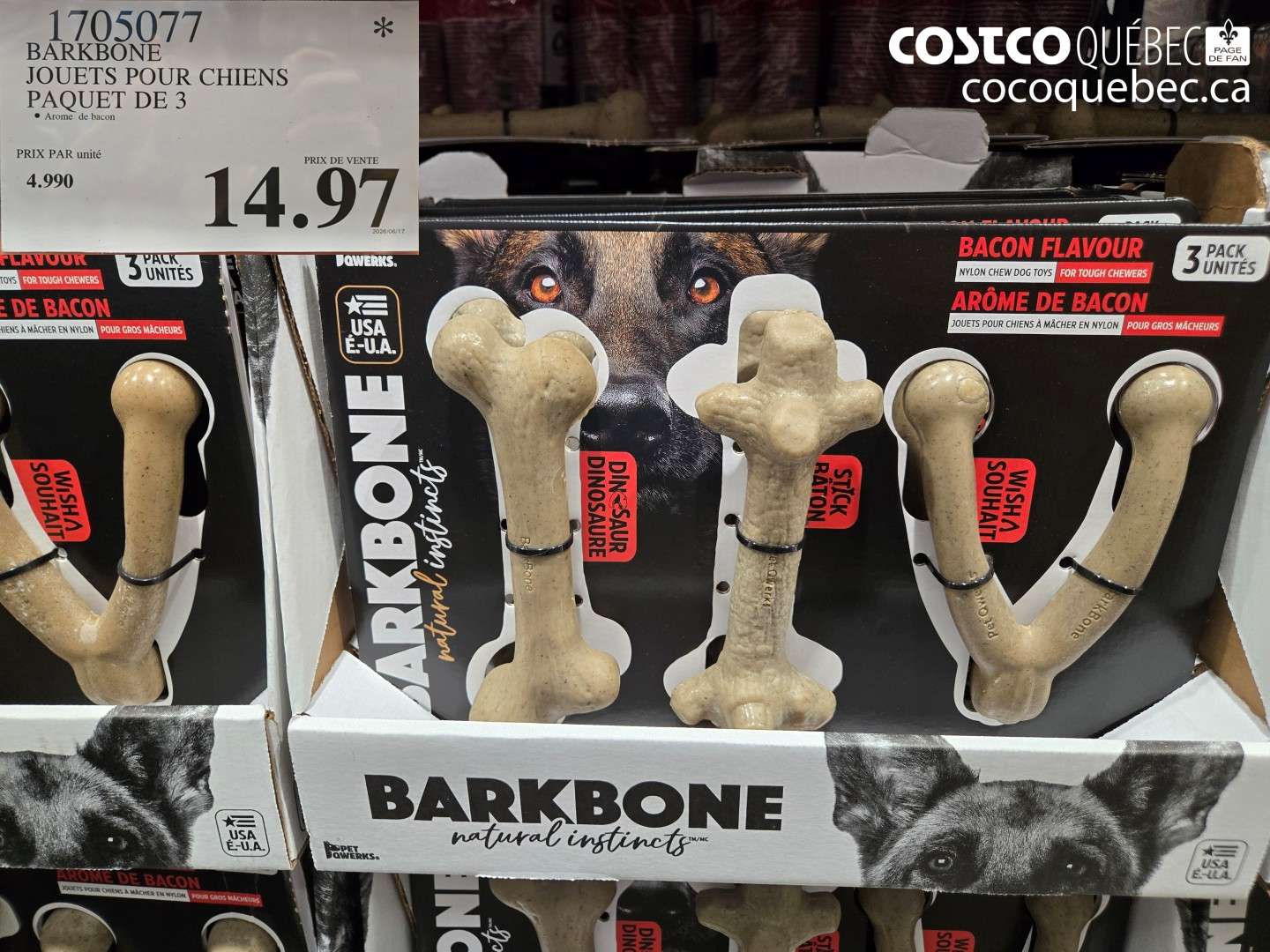 1705077 BARKBONE JOUETS POUR CHIENS PAQUET DE 3 $14.97
