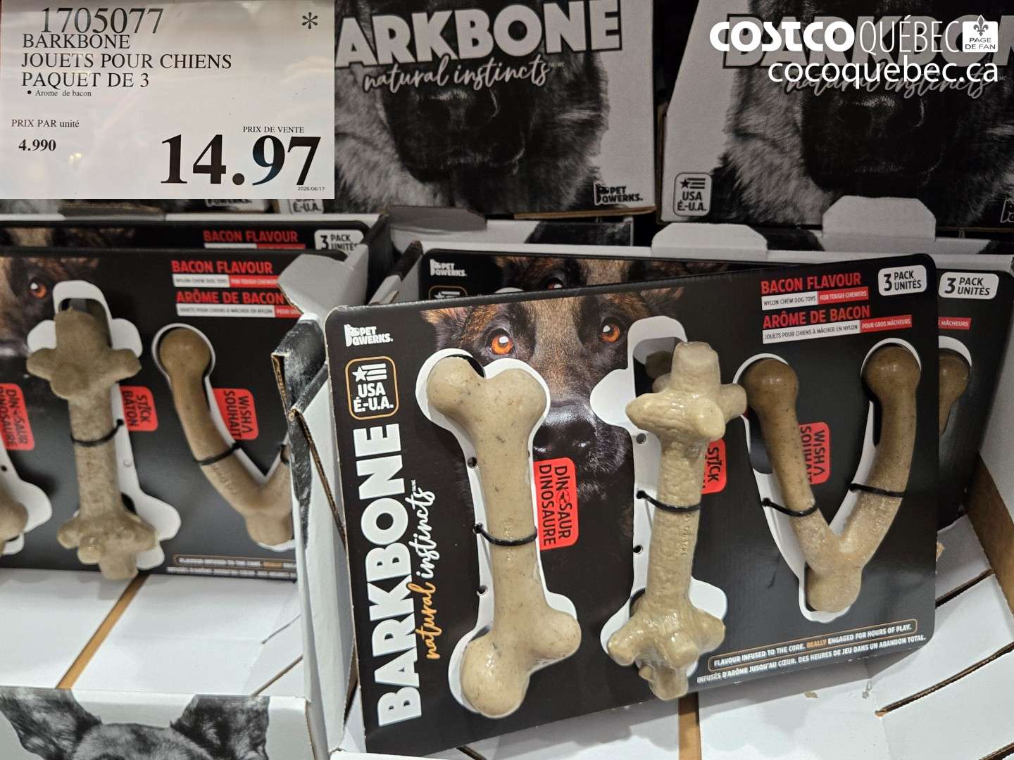 1705077 BARKBONE JOUETS POUR CHIENS PAQUET DE 3 $14.97