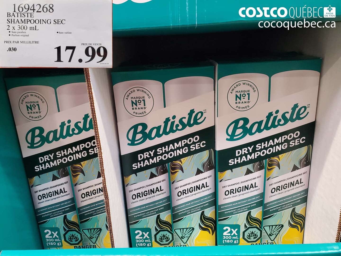 1694268 BATISTE SHAMPOOING SEC 2 X 300 ML $17.99