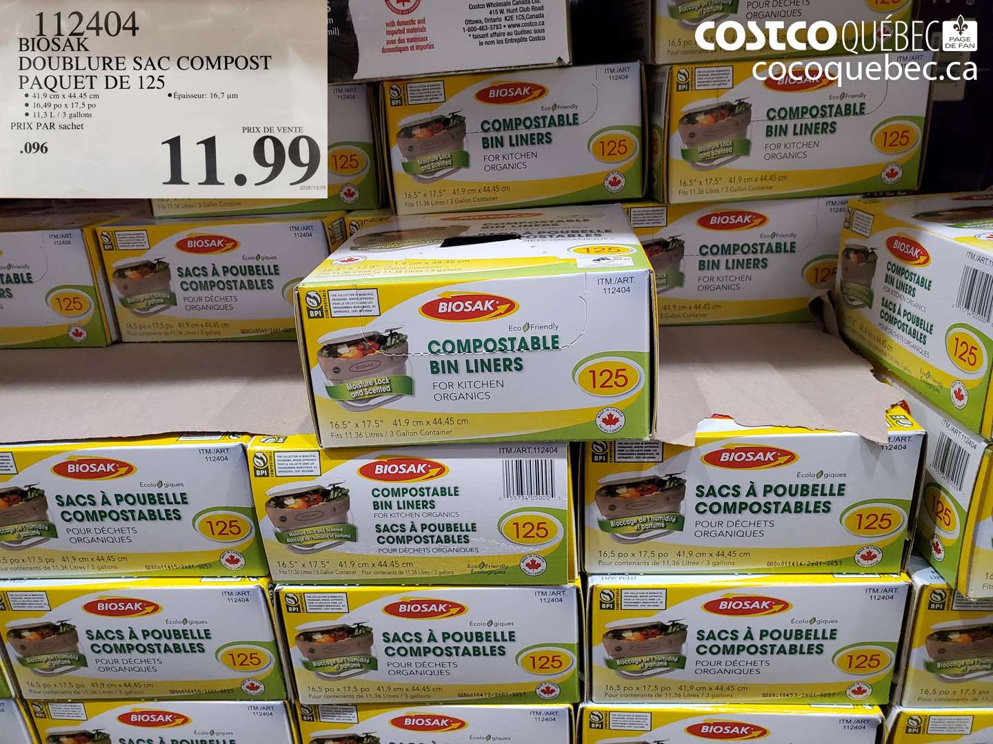 112404 BIOSAK DOUBLURE SAC COMPOST PAQUET DE 125 $11.99