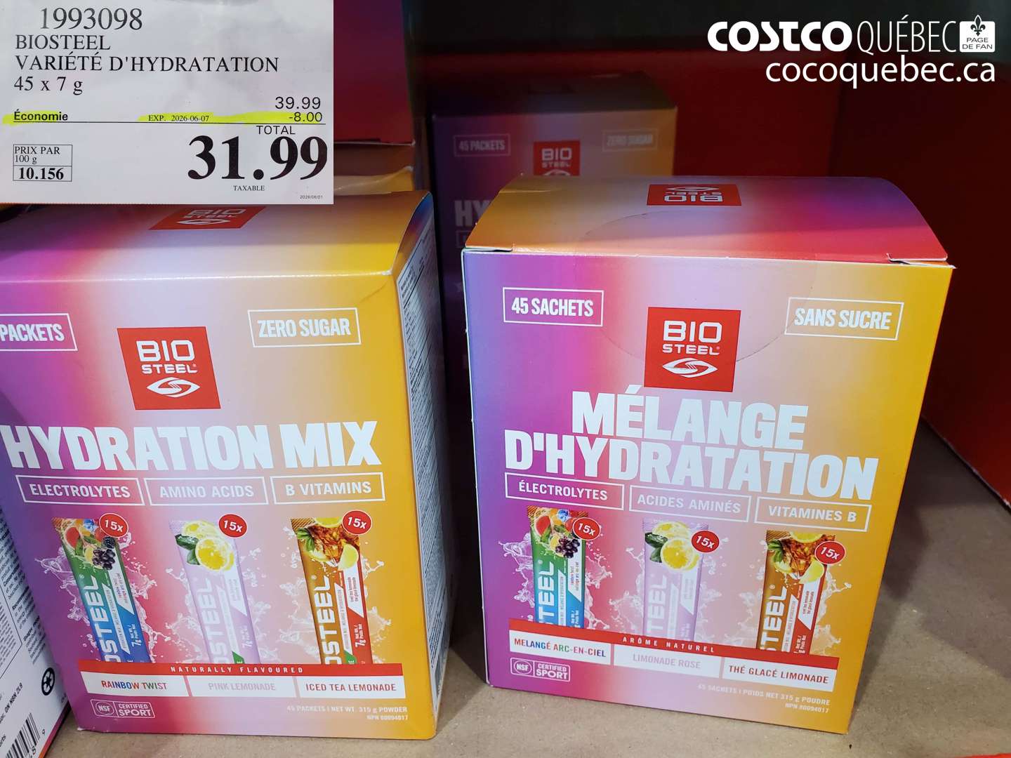 1993098 BIOSTEEL VARIÉTÉ D’HYDRATATION 45 X 7 G ($8.00 INSTANT SAVINGS EXPIRES ON 2026-06-07) $31.99