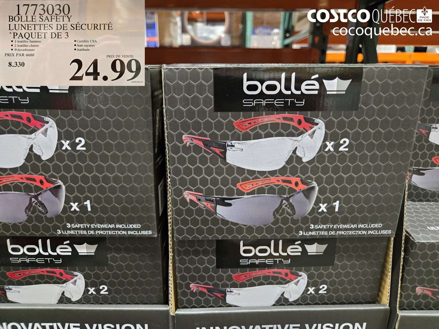 1773030 BOLLE SAFETY LUNETTES DE SÉCURITÉ PAQUET DE 3 $24.99