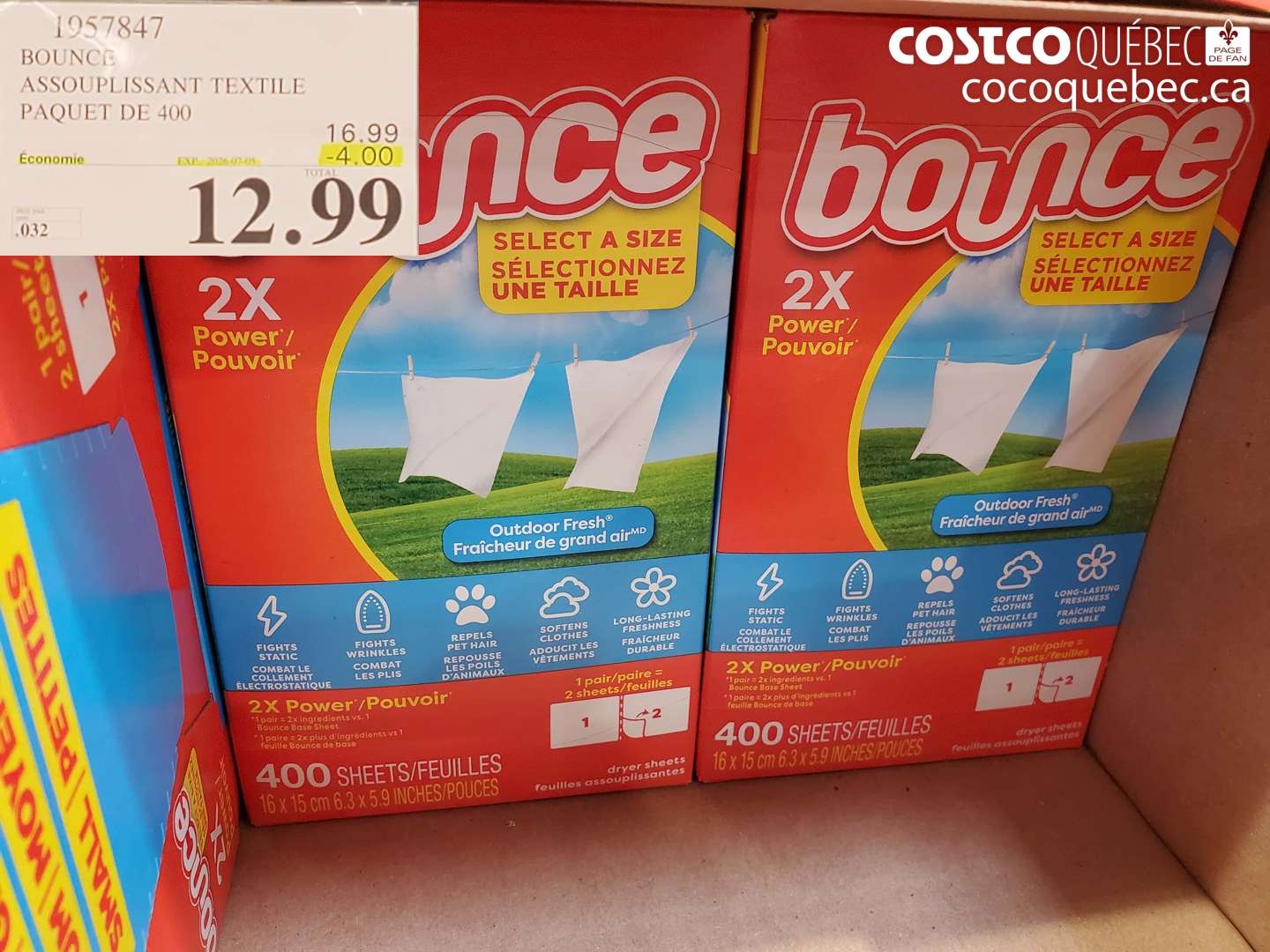 1957847 BOUNCE ASSOUPLISSANT TEXTILE PAQUET DE 400 ($4.00 INSTANT SAVINGS EXPIRES ON 2026-07-05) $12.99